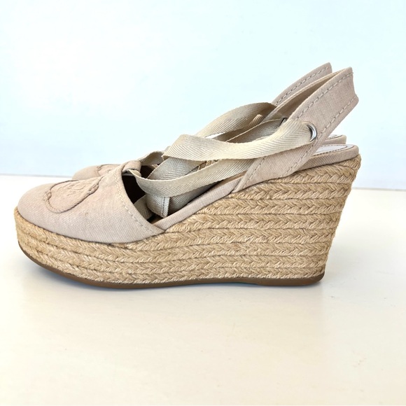 PRADA Beige Canvas Ankle Strap Lace Wrap Platform Wedges Sandal Espadrille Sz 38 - Picture 6 of 15